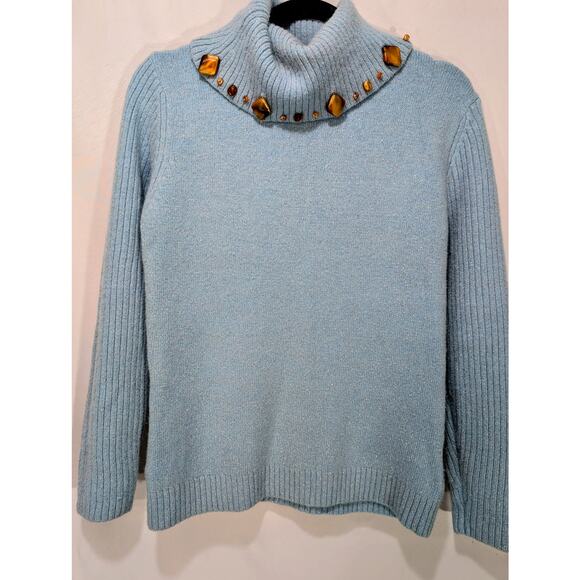 R. leezio Angora Blend Turtleneck Sweater Blue Metallic Knit Gem Detail Size S - Picture 1 of 10